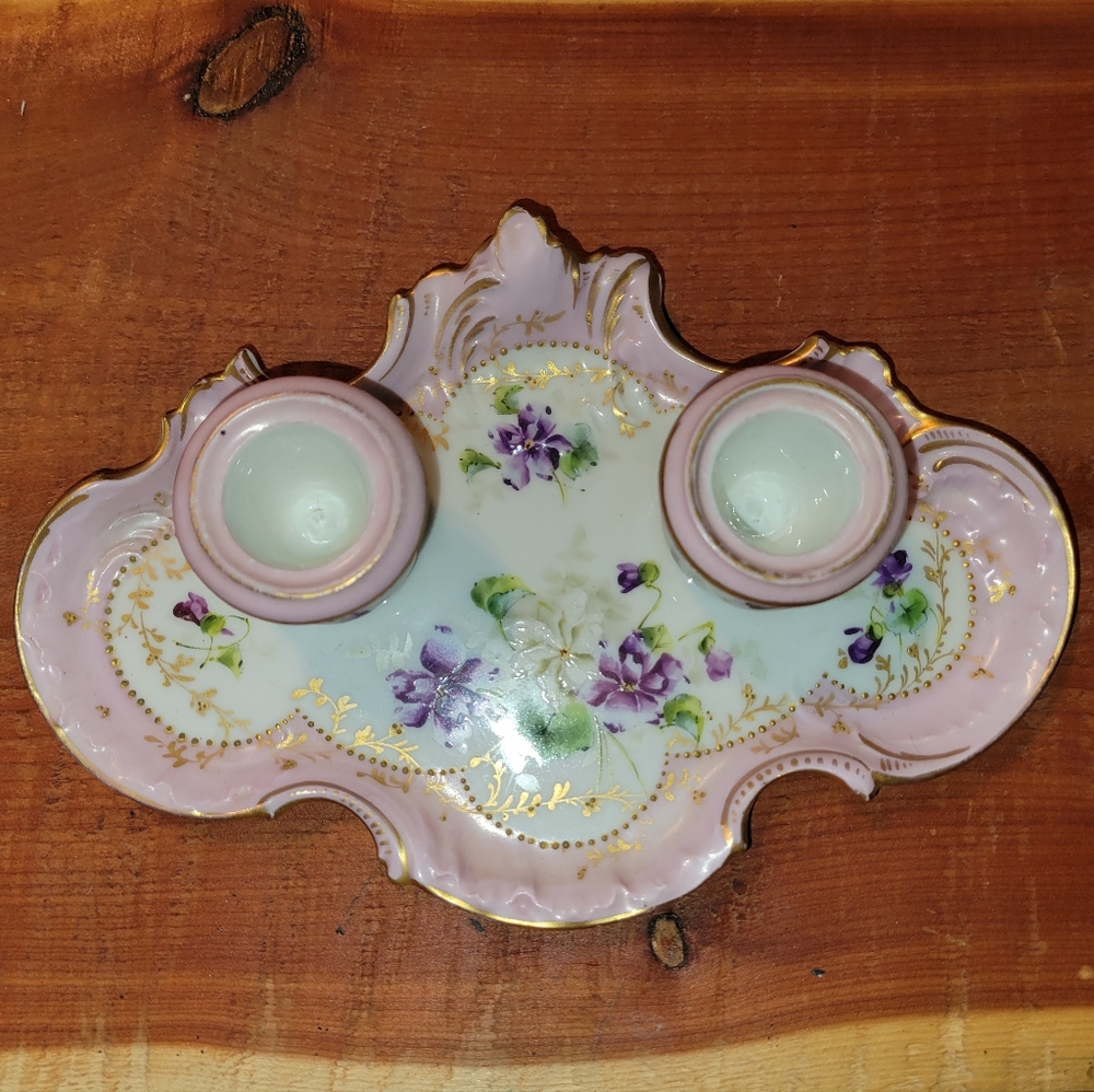 Antique Royal China P&C France Pink Limoges Double Inkwell Set